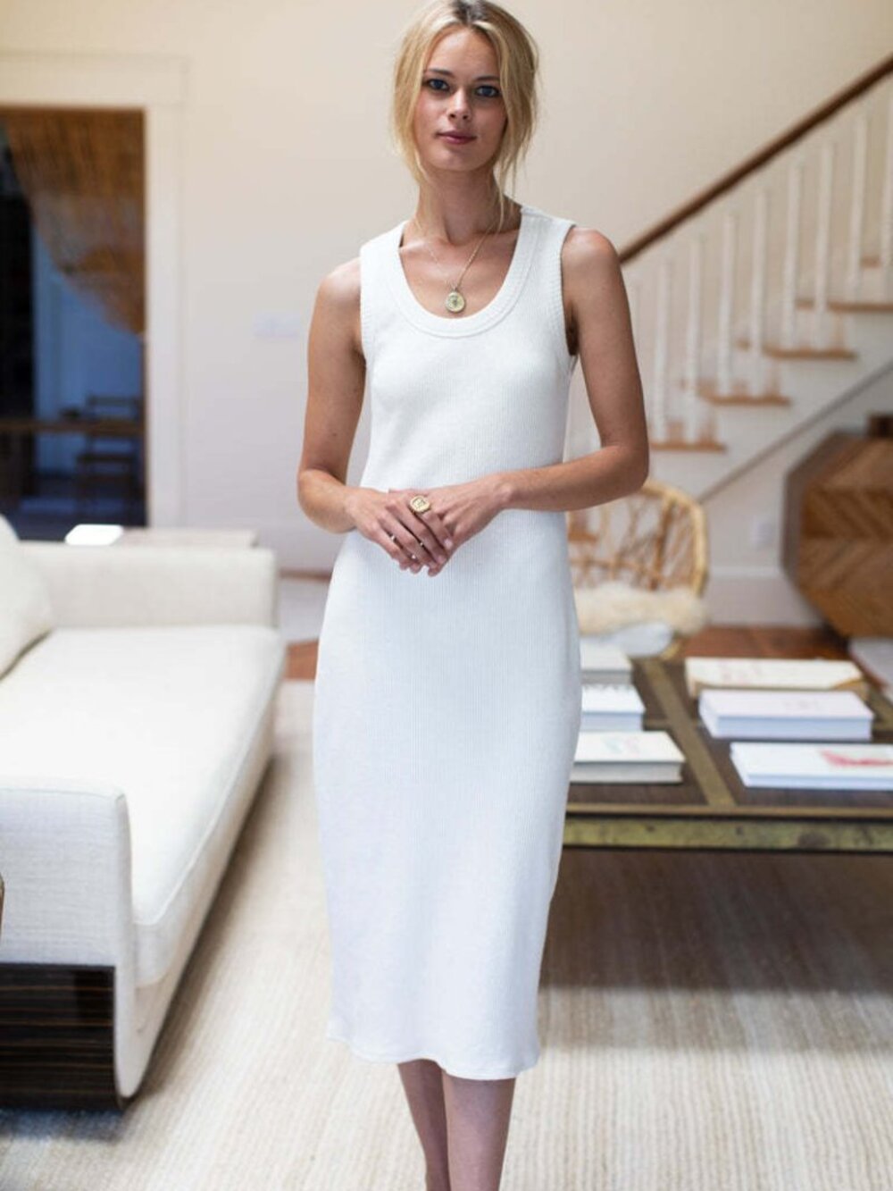 Emerson Fry Natural Rib Organic Midi Dress (Off-White / Cream)
